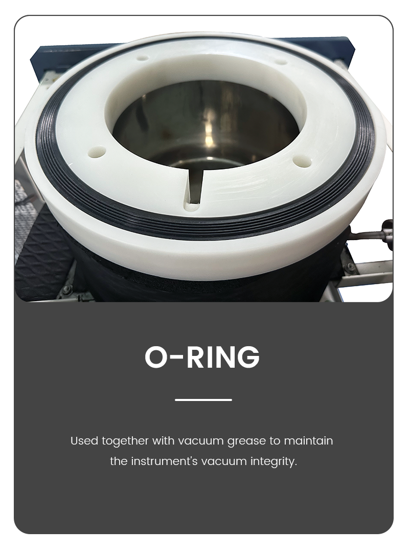 Infographic card of Geliss vacuum freeze dryer O-ring seal, highlighting the heavy-duty white flange and black rubber ring used to maintain premium chamber vacuum integrity.
